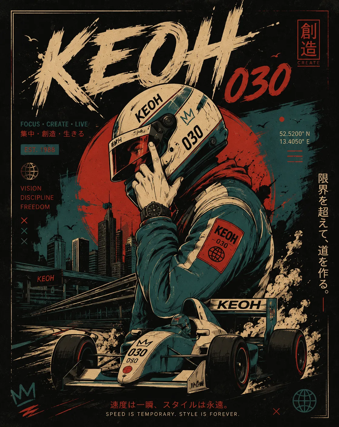 Plakat KEOH 030, ein Fahrer vor der Stadt