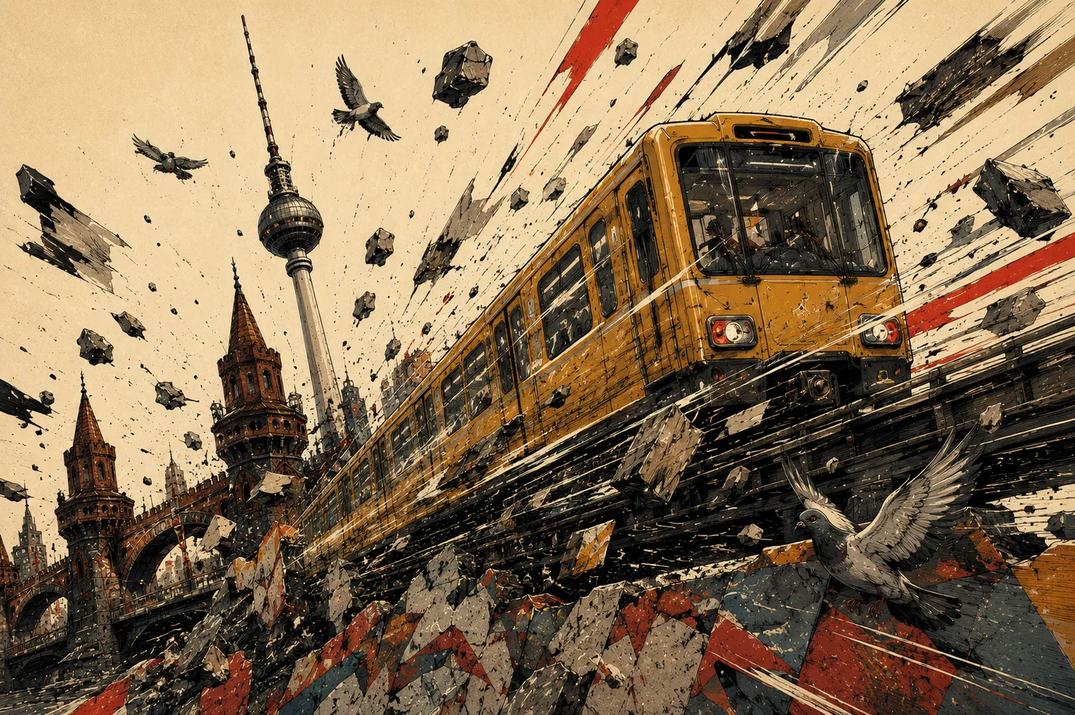 Eine Bahn in voller Fahrt über der Stadt